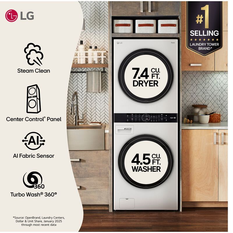 LG 27 in. WashTower with 4.5 cu. ft. Washer with 10 Wash Programs and TurboWash 360 & 7.4 cu. ft. Electric Dryer with 9 Dryer Programs, Sensor Dry & Wrinkle Care - White, White, hires
