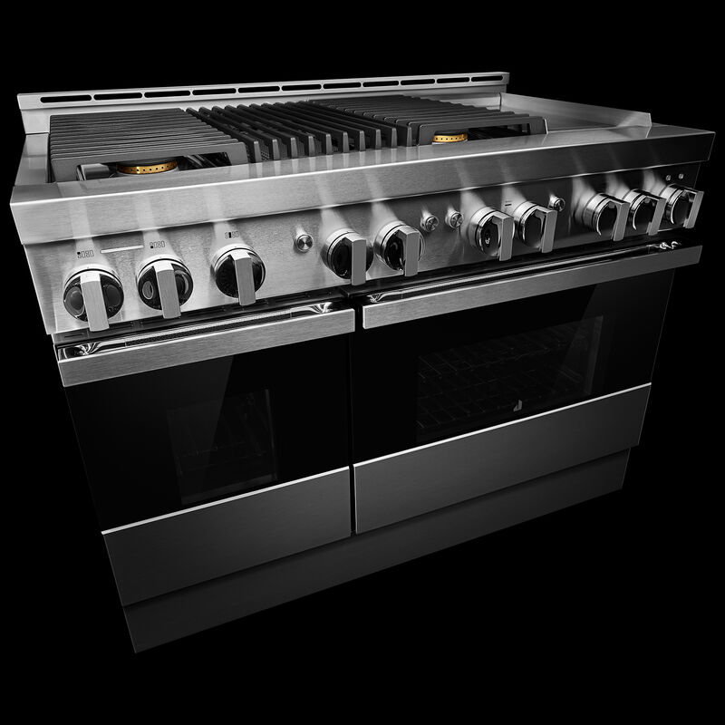 JennAir Noir Series 48 in. 6.3 cu. ft. Smart True European Convection Double Oven Gas Range with 4 Sealed Burners, Grill & Griddle - Stainless Steel, , hires
