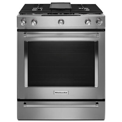 KitchenAid 30 in. 7.1 cu. ft. Convection Oven Slide-In Dual Fuel Range with 5 Sealed Burners - Stainless Steel | KSDB900ESS
