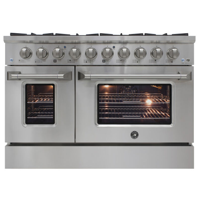 Brama 48 in. 6.7 cu. ft. Convection Double Oven Freestanding Natural Gas Dual Fuel Range with 8 Sealed Burners & Grill - Stainless Steel, , hires