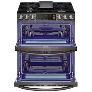 LG InstaView 30 in. 6.9 cu. ft. Smart Air Fry True European Convection Double Oven Slide-In Gas Range with 5 Sealed Burners & Griddle - PrintProof Black Stainless Steel, PrintProof Black Stainless Steel, hires