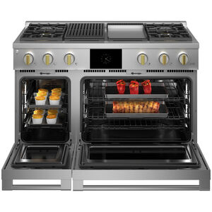 Monogram Statement Series 48 in. 8.2 cu. ft. Smart Air Fry True European Convection Double Oven Dual Fuel Range with 4 Sealed Burners, Grill & Griddle - Stainless Steel, , hires