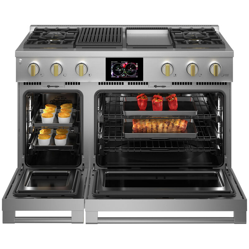Monogram Statement Series 48 in. 8.2 cu. ft. Smart Air Fry True European Convection Double Oven Dual Fuel Range with 4 Sealed Burners, Grill & Griddle - Stainless Steel, , hires