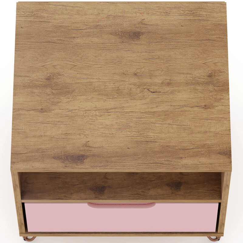 Manhattan Comfort Rockefeller Mid-Century Modern 1-Drawer Nightstand Rose Pink, Pink, hires