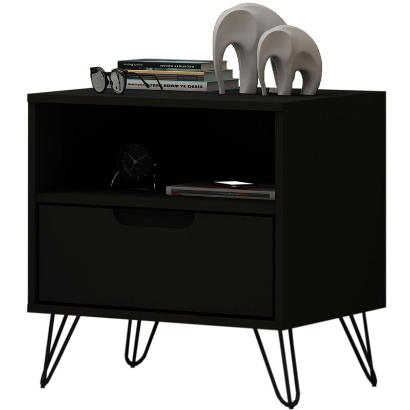 Manhattan Comfort Rockefeller Mid-Century Modern 1-Drawer Nightstand Black, Black, hires