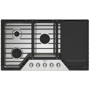 Whirlpool 36 in. 5-Burner Natural Gas Cooktop With 2-in-1 Hinged Grate to Griddle, Simmer Burner & Power Burner - Stainless Steel, , hires