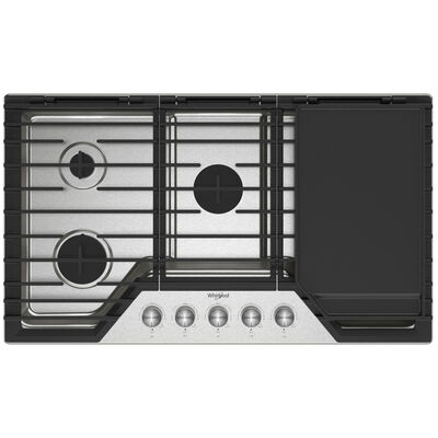 Whirlpool 36 in. 5-Burner Natural Gas Cooktop With 2-in-1 Hinged Grate to Griddle, Simmer Burner & Power Burner - Stainless Steel | WCGK7536PS