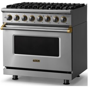 Viking 5 Series 36 in. 5.6 cu. ft. True European Convection Dual Fuel Range with 6 Sealed Burners - Stainless Steel - Natural Gas, Brushed Brass Trim Option, , hires