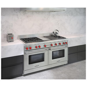 Wolf 60 in. 8.8 cu. ft. Standard Convection Double Oven Gas Range with 6 Sealed Burners, Grill & Griddle - Stainless Steel, , hires
