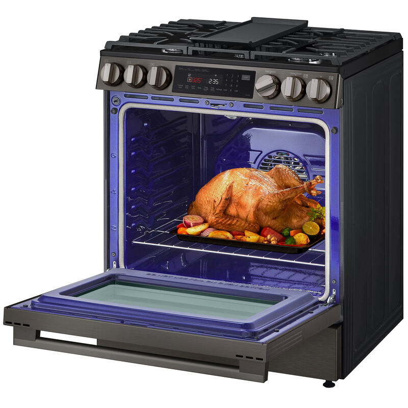 LG 30 in. 6.3 cu. ft. Smart Air-Fry True European Convection Slide-In Gas Range with 5 Sealed Burners & Griddle - Black Stainless Steel, , hires