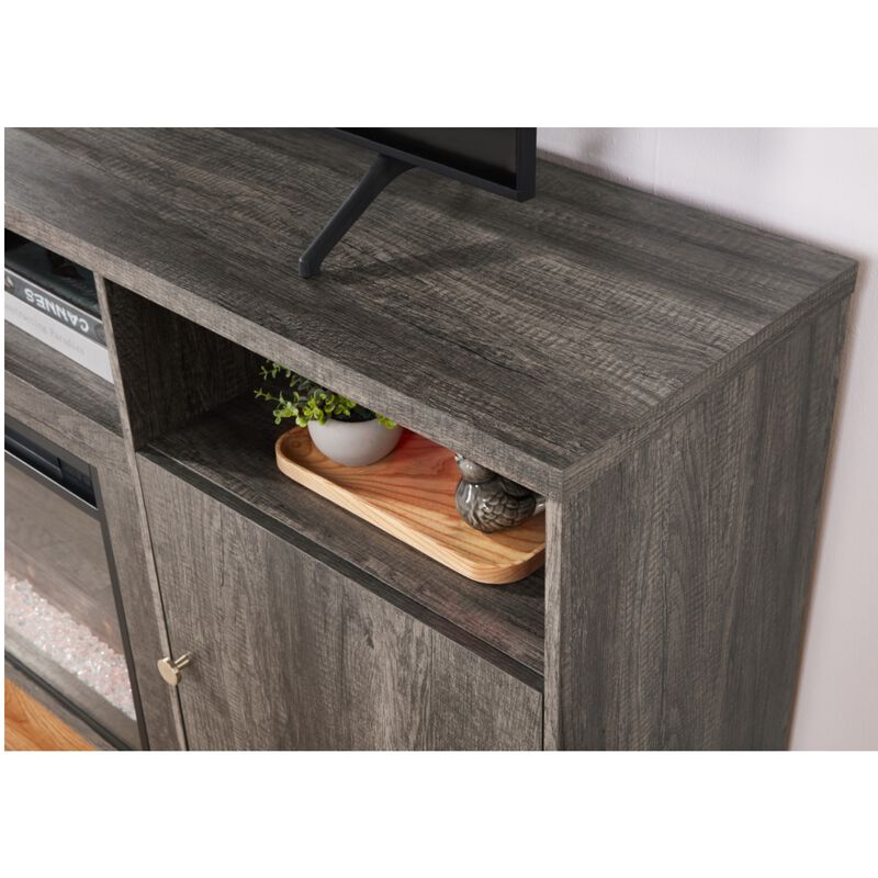Lilola Ambrose 70"W Gray Walnut Finish Fireplace TV Stand Console with Heater, LED Light, Cabinets, Shelves, , hires