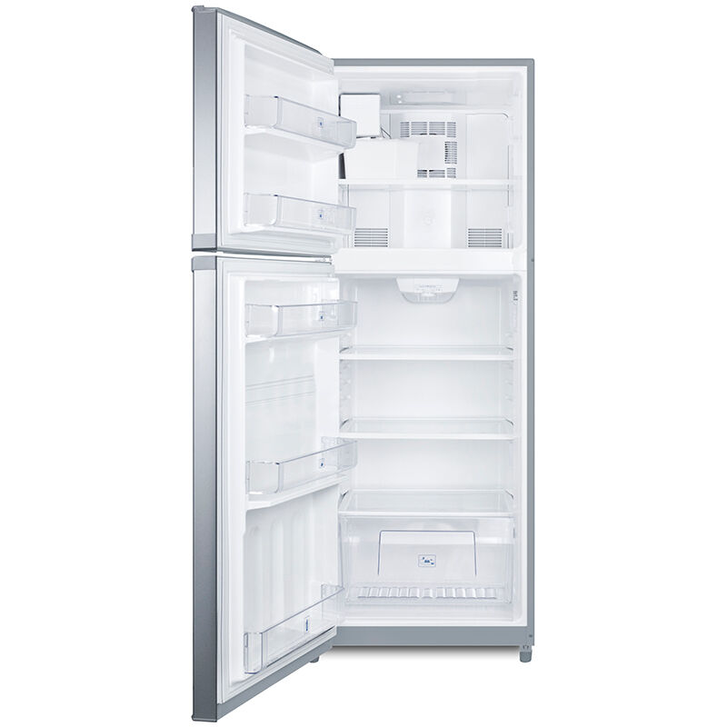 Summit FF1427SSIM 26 Inch Counter-Depth Top Freezer Refrigerator with 12.9  Cu. Ft. Total Capacity, Adjustable Spill-Proof Shelving, Produce Drawer,  Interior Light, Frost-Free, Factory-installed Icemaker, and 100% CFC Free:  Stainless Steel with Ice