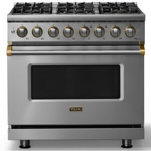Viking 5 Series 36 in. 5.6 cu. ft. True European Convection Dual Fuel Range with 6 Sealed Burners - Stainless Steel - Natural Gas, Brushed Brass Trim Option, , hires