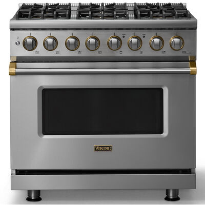 Viking 5 Series 36 in. 5.6 cu. ft. True European Convection Dual Fuel Range with 6 Sealed Burners - Stainless Steel - Natural Gas, Brushed Brass Trim Option | VDR53646SSBB