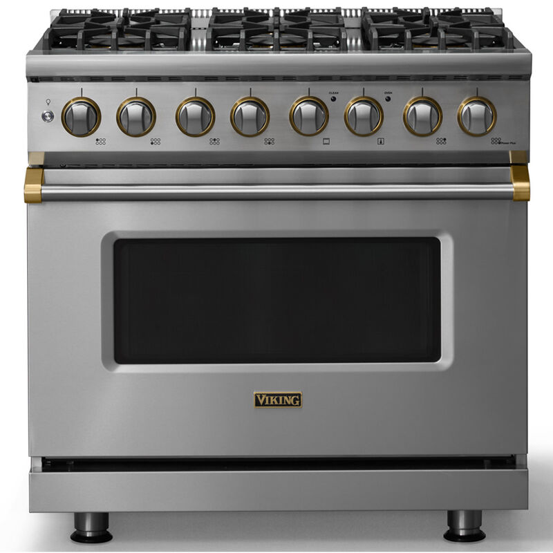 Viking 5 Series 36 in. 5.6 cu. ft. True European Convection Dual Fuel Range with 6 Sealed Burners - Stainless Steel - Natural Gas, Brushed Brass Trim Option, , hires