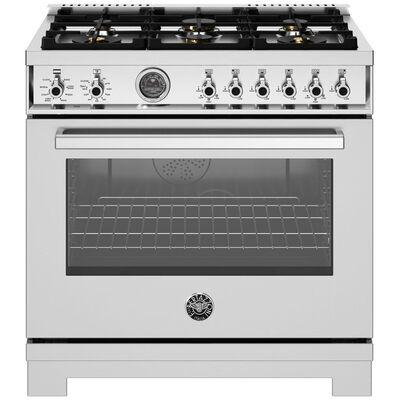 Bertazzoni Professional Series 36 in. 5.7 cu. ft. Air Fry Convection Oven Freestanding Dual Fuel Range with 6 Sealed Burners & Griddle - Stainless Steel | PR366BCFEPXT