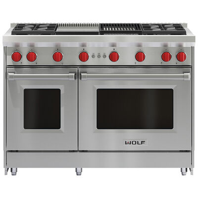 Wolf 48 in. 6.9 cu. ft. Double Oven Freestanding LP Gas Range with 4 Sealed Burners & Griddle - Stainless Steel | GR484CGLP