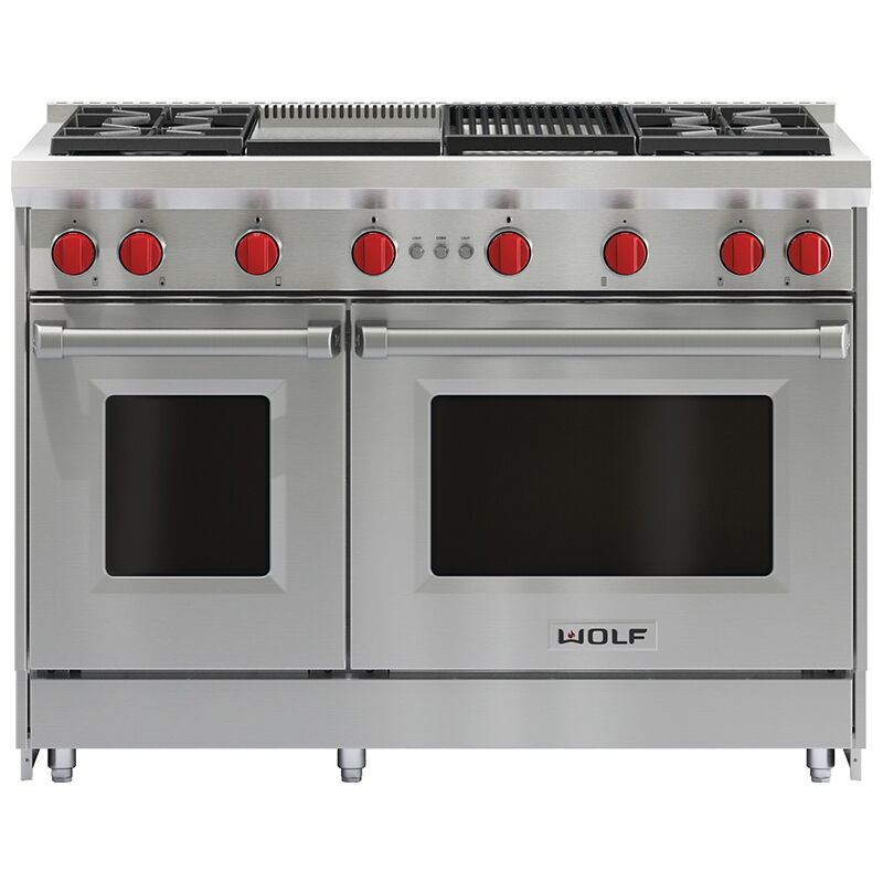 Wolf 48 in. 6.9 cu. ft. Standard Convection Double Oven Gas Range with 4 Sealed Burners, Grill & Griddle - Stainless Steel, , hires