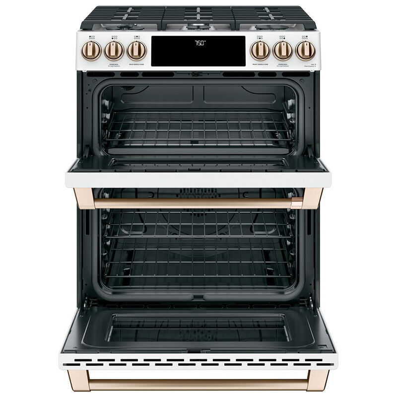 Cafe 30 in. 6.7 cu. ft. Smart Air Fry True European Convection Double Oven Slide-In Gas Range with 6 Sealed Burners & Griddle - Matte White, Matte White, hires