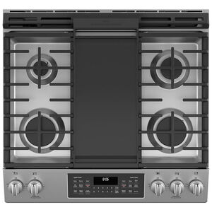 GE 30 in. 6.7 cu. ft. Air Fry True European Convection Double Oven Slide-In Gas Range with 5 Sealed Burners & Griddle - Stainless Steel, , hires