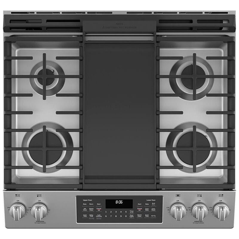 GE 30 in. 6.7 cu. ft. Air Fry True European Convection Double Oven Slide-In Gas Range with 5 Sealed Burners & Griddle - Stainless Steel, , hires