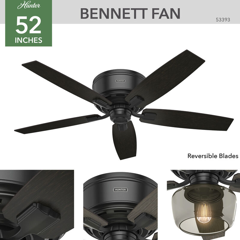 Hunter Bennett 52 in. Low Profile Ceiling Fan with LED Light Kit And Remote- Matte Black, Matte Black, hires