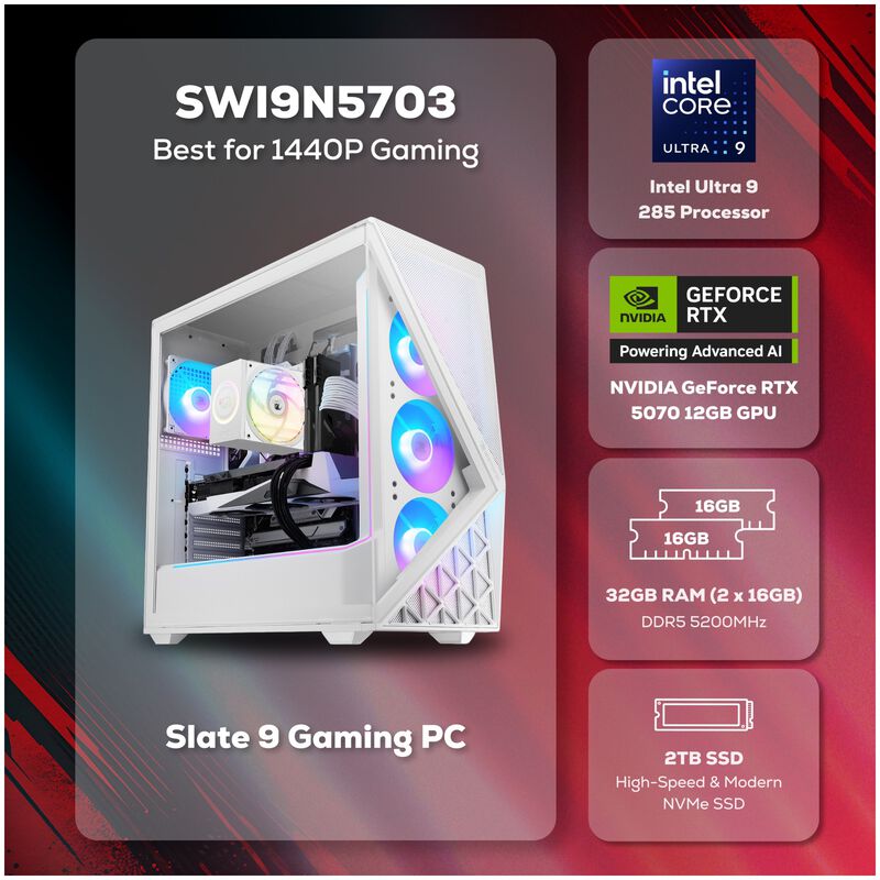 iBUYPOWER Slate Gaming Desktop with Intel Core Ultra 9 285, 24-Core CPU, NVIDIA GeForce RTX 5070, 12GB VRAM GPU, 32 GB RAM, 2 TB SSD & Windows 11 Home - White, , hires