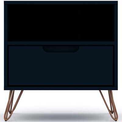 Manhattan Comfort Rockefeller Mid-Century Modern 1-Drawer Nightstand Tatiana Midnight Blue | 101GMC4