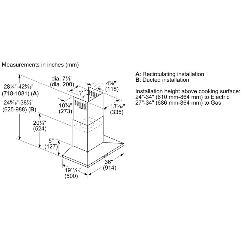 Bosch 800 Series 36 in. Convertible Chimney Style Range Hood with 600 CFM, 4 Fan Speeds & 2 Halogen Lights - Black Stainless Steel, , hires