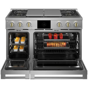 Monogram Statement Series 48 in. 8.2 cu. ft. Smart Air Fry True European Convection Double Oven Dual Fuel Range with 4 Sealed Burners, Grill & Griddle - Stainless Steel, , hires