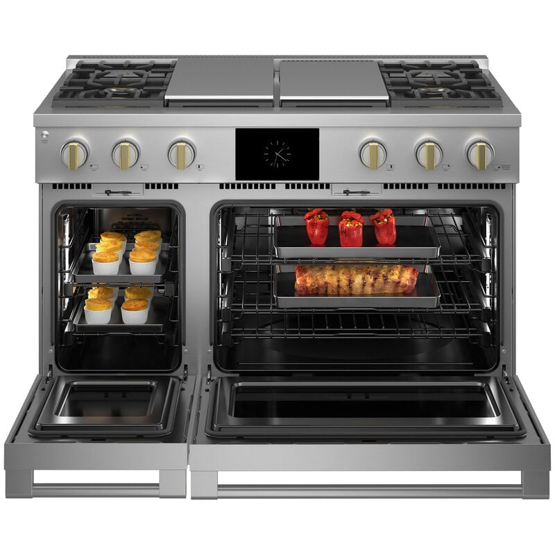 Monogram Statement Series 48 in. 8.2 cu. ft. Smart Air Fry True European Convection Double Oven Dual Fuel Range with 4 Sealed Burners, Grill & Griddle - Stainless Steel, , hires