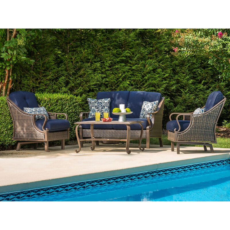 Hanover Ventura 4-Piece Patio Furniture Seating Set with Tile Top Coffee Table -Navy, , hires