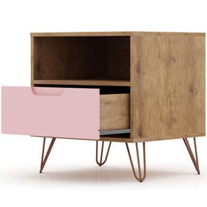 Manhattan Comfort Rockefeller Mid-Century Modern 1-Drawer Nightstand Rose Pink, Pink, hires