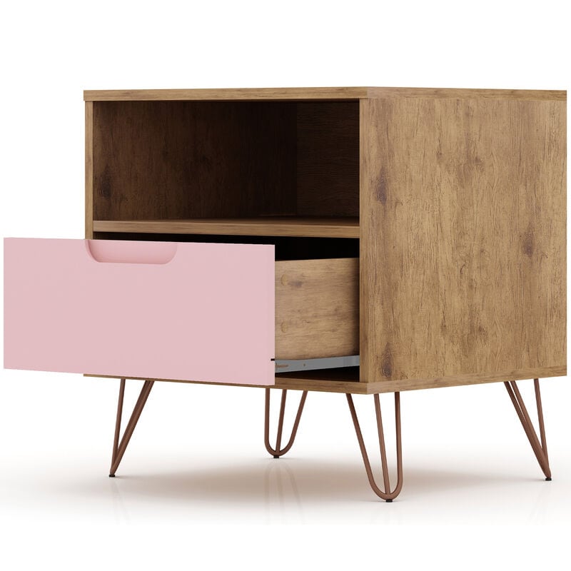 Manhattan Comfort Rockefeller Mid-Century Modern 1-Drawer Nightstand Rose Pink, Pink, hires