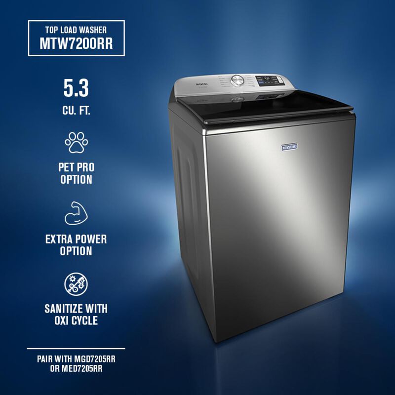 Maytag Pet Pro 27 in. 5.3 cu. ft. Smart Top Load Washer with Impeller & Sanitize with Oxi - Classic SIlver, Classic Silver, hires