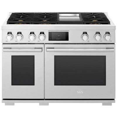 SKS 48 in. 7.9 cu. ft. Smart Standard Convection Double Oven Gas Range with 6 Sealed Burners & Griddle - Stainless Steel | SKSGR480GS