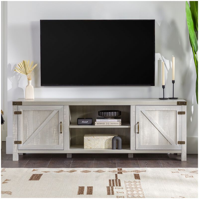 Walker Edison Barn Door 70 in. Modern Farmhouse TV Stand - Stone Gray, , hires