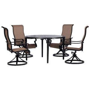 Hanover Brigantine 5 Piece Outdoor Dining Set with 4 Contoured-Sling Swivel Rockers and a 50" Round Cast-Top Table, , hires