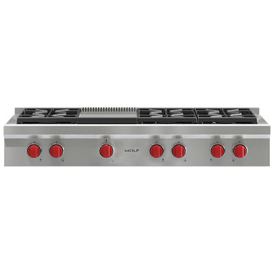 Wolf 48 in. Natural Gas Cooktop with 6 Sealed Burners & Griddle - Stainless Steel | SRT486G