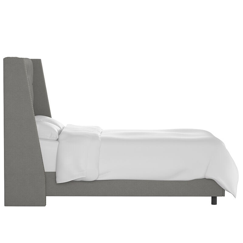 Skyline Queen Nail Button Tufted Wingback Bed in Linen - Grey, Grey, hires