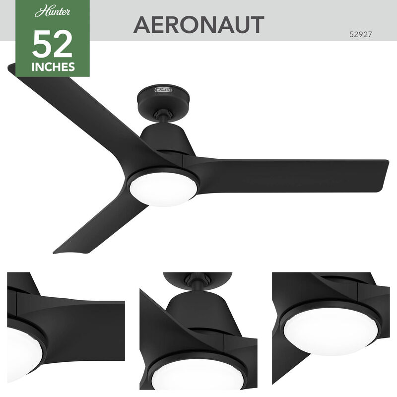 Hunter 52 inch Aeronaut Wi-Fi ENERGY STAR Matte Black Damp Rated Ceiling Fan with LED Light Kit and Handheld Remote, Matte Black, hires