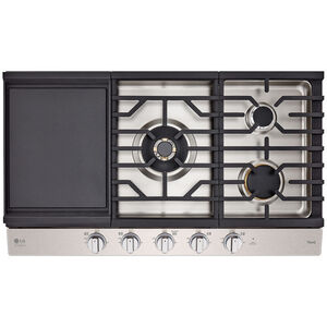 LG Studio 36 in. 5-Burner Smart Natural Gas Cooktop with Griddle, Simmer Burner & Power Burner - Stainless Steel, , hires