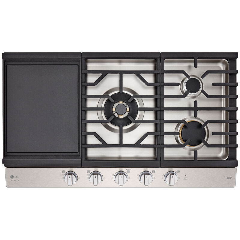 LG Studio 36 in. 5-Burner Smart Natural Gas Cooktop with Griddle, Simmer Burner & Power Burner - Stainless Steel, , hires
