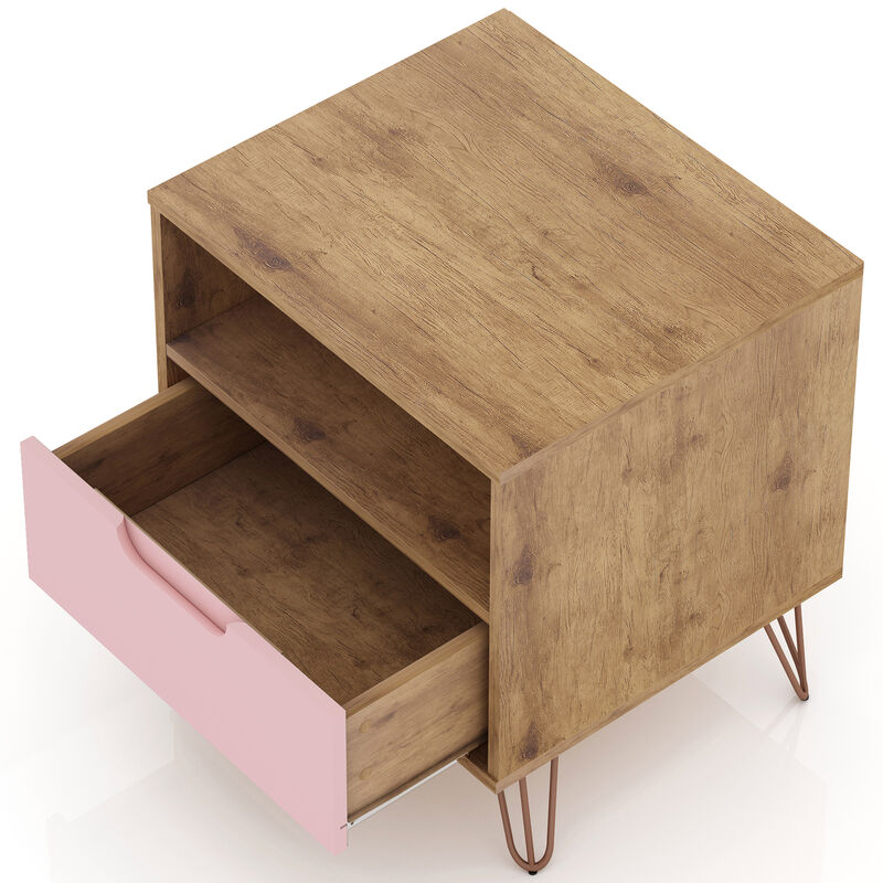 Manhattan Comfort Rockefeller Mid-Century Modern 1-Drawer Nightstand Rose Pink, Pink, hires
