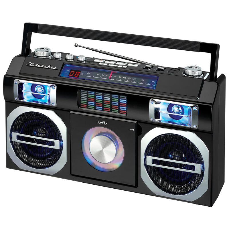 Studebaker SB2145 80's Retro Street Portable Bluetooth Boombox with FM Radio,  CD Player, LED EQ and 10 Watts RMS Power