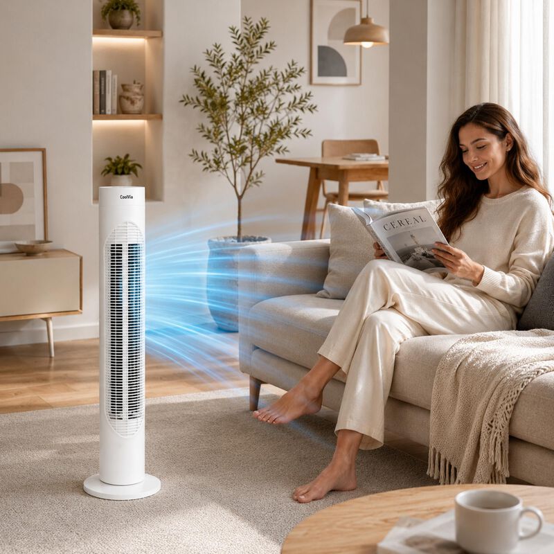 CoolVia 32 in. Oscillating Tower Fan with 3 Speed Settings - White, , hires