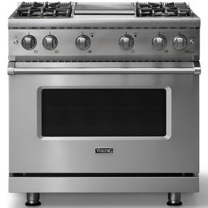 Viking 5 Series 36 in. 5.1 cu. ft. Standard Convection Gas Range with 4 Sealed Burners & Griddle - Stainless Steel - Liquid Propane Gas, Polished Chrome Trim Option, , hires