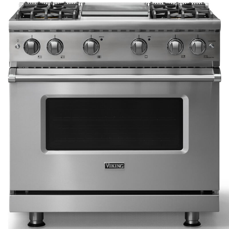 Viking 5 Series 36 in. 5.1 cu. ft. Standard Convection Gas Range with 4 Sealed Burners & Griddle - Stainless Steel - Liquid Propane Gas, Polished Chrome Trim Option, , hires