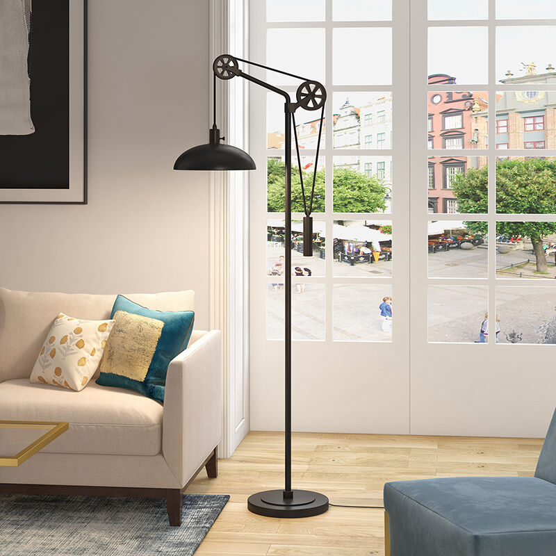 Hudson & Canal Neo Blackened Bronze Floor Lamp with Spoke Wheel Pulley System, , hires
