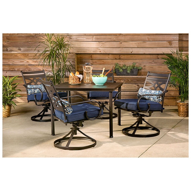 Montclair 5-Piece Patio Dining Set in Navy Blue with 4 Swivel Rockers and a 40 Inch Square Table, , hires